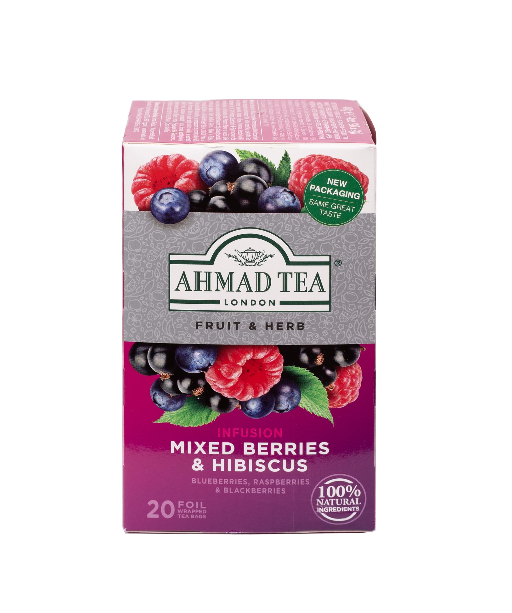 Ahmad Tea Mixed Berries Hibiscus teabags for brewing a fruity, caffeine-free infusion