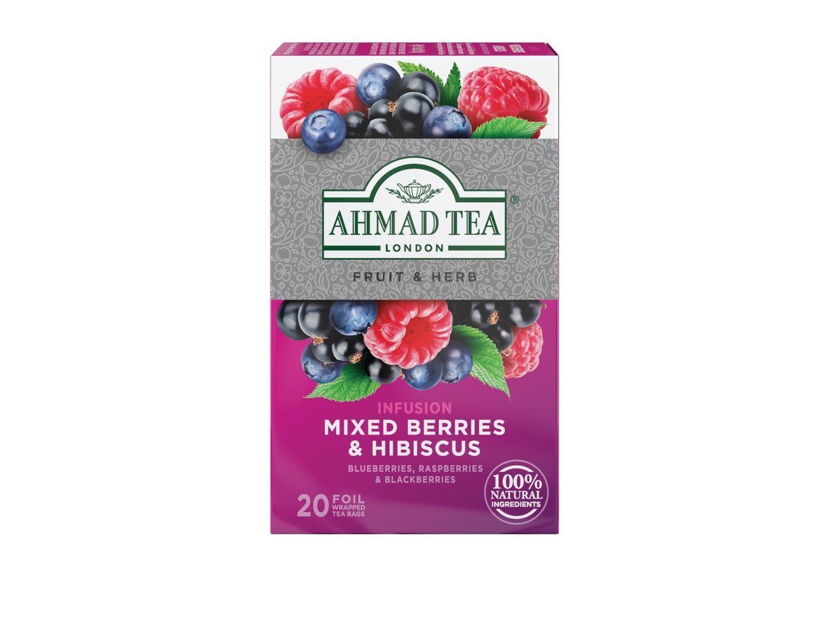 Ahmad Tea Mixed Berries and Hibiscus teabags, vibrant flavor ready for everyday tea.