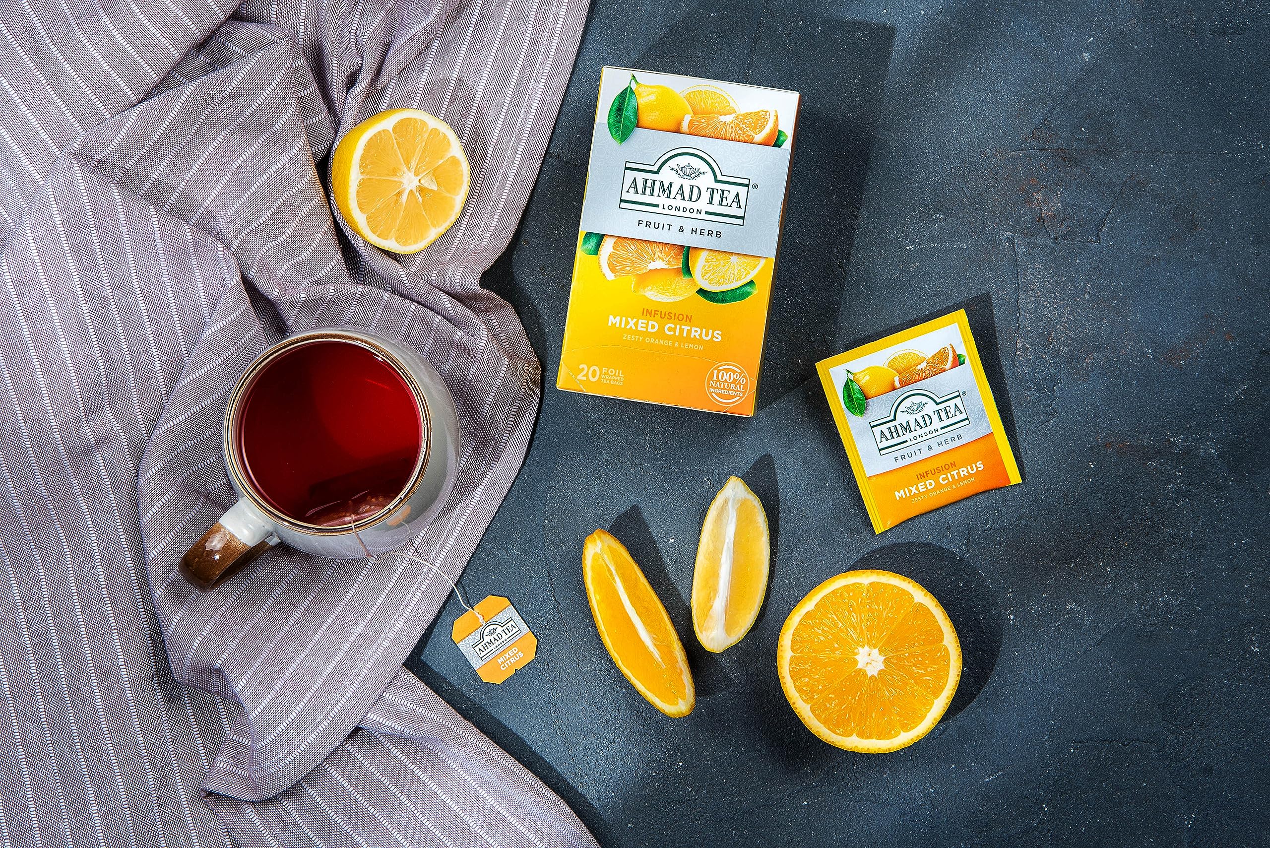 Ahmad Tea Mixed Citrus packaging highlights ethical sourcing and quality craft.