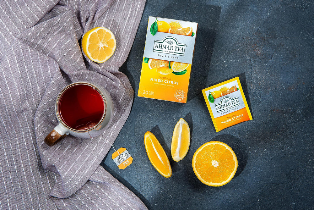 Ahmad Tea Mixed Citrus packaging highlights ethical sourcing and quality craft.