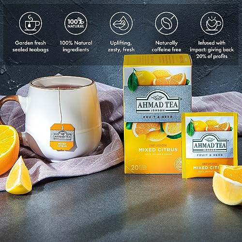 Ahmad Tea Mixed Citrus teabag closeup reveals bright aroma and refreshing flavor.