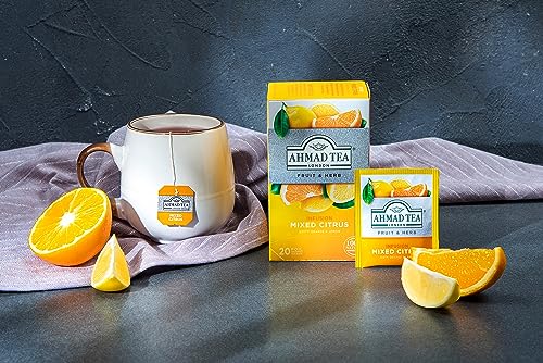 Ahmad Tea Mixed Citrus teabag stack highlights a convenient decaf sugar-free option.