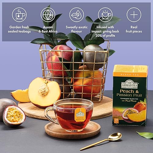 Ahmad Tea Peach & Passion Fruit tea bags—fruity aroma for a refreshing afternoon break.