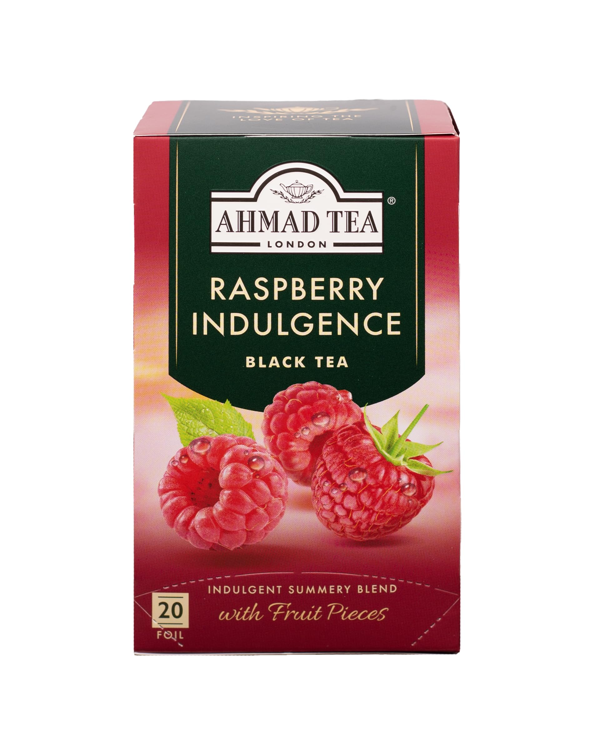 Ahmad Tea Raspberry Indulgence tea bag with fruity aroma ready to brew.