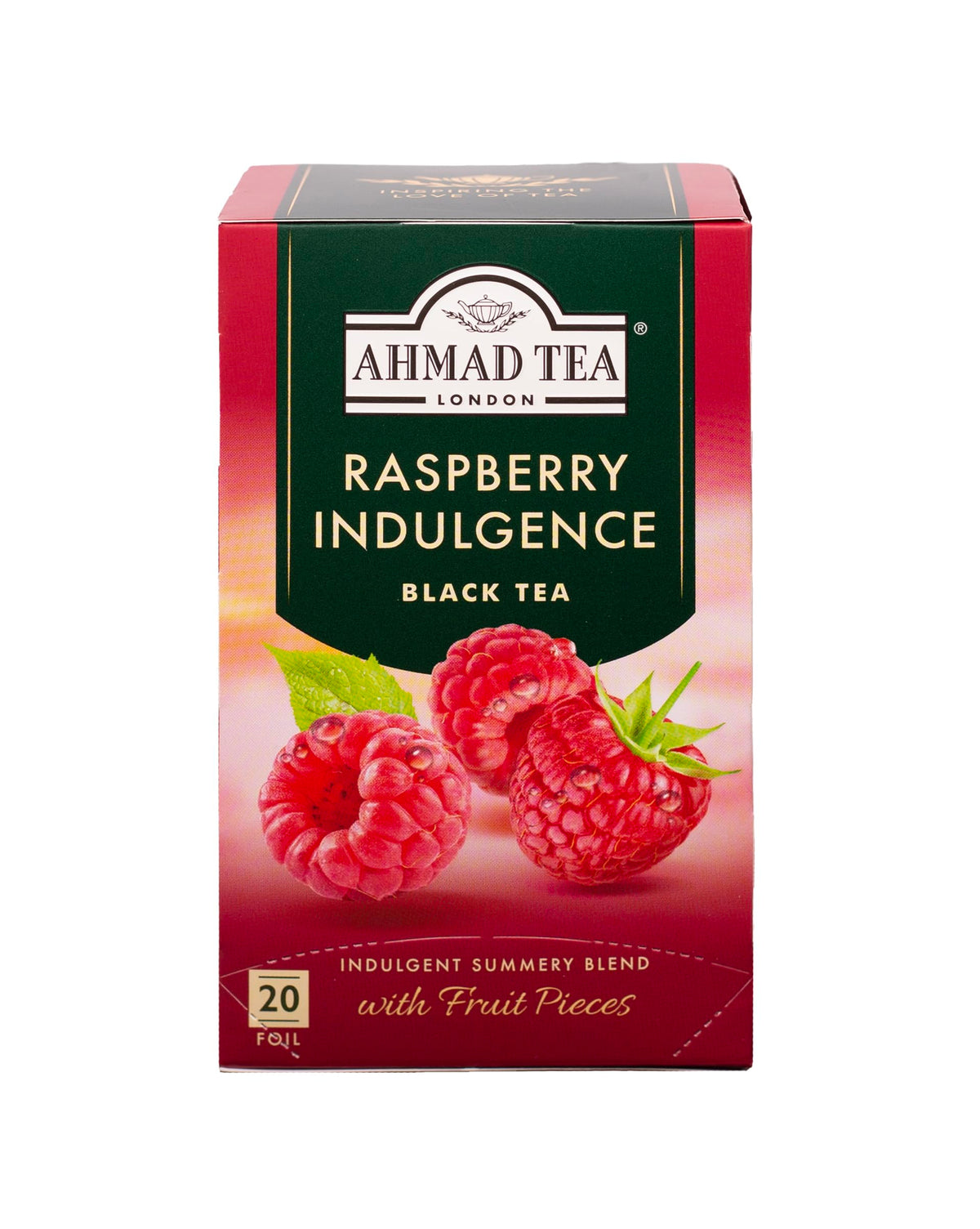 Ahmad Tea Raspberry Indulgence tea bag with fruity aroma ready to brew.