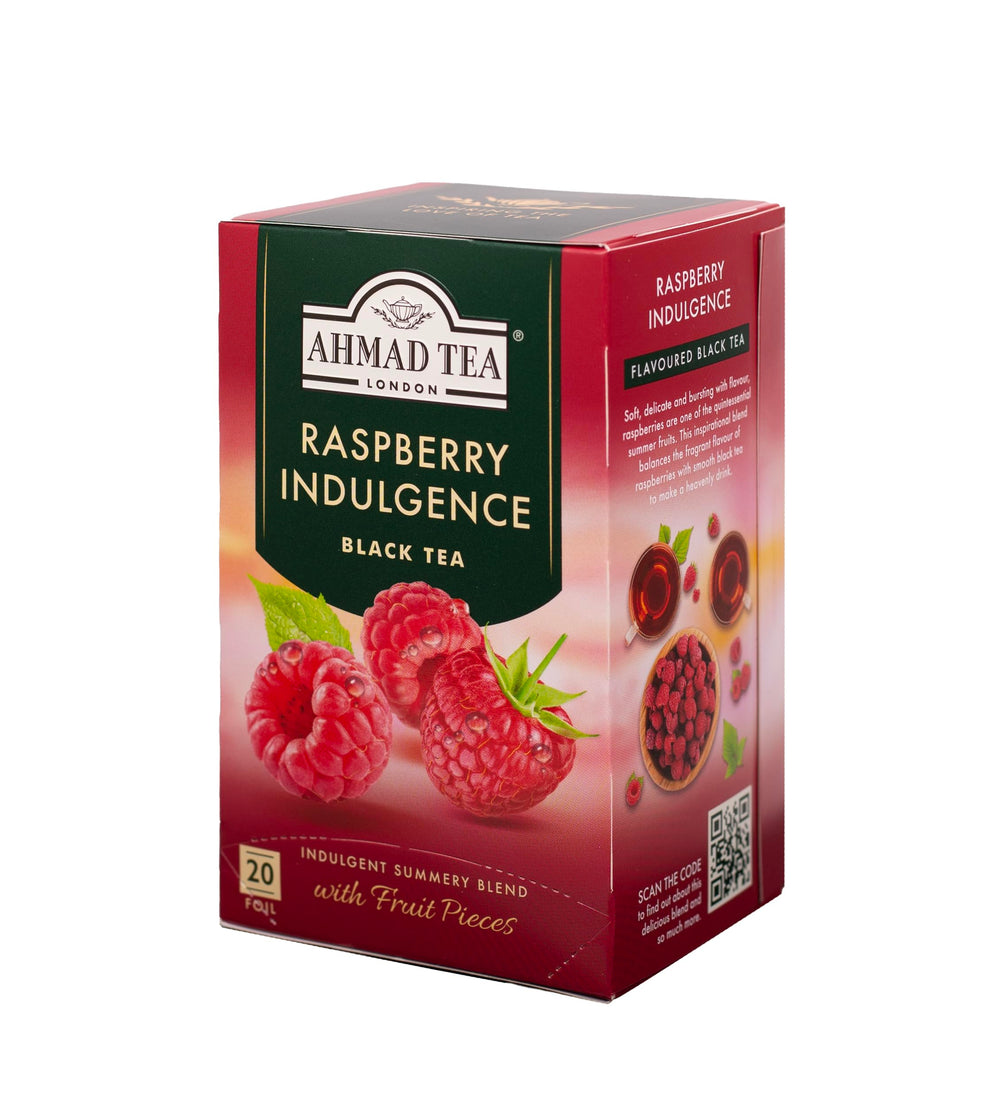 Ahmad Tea Raspberry Indulgence packaging box premium quality and gift-worthy.
