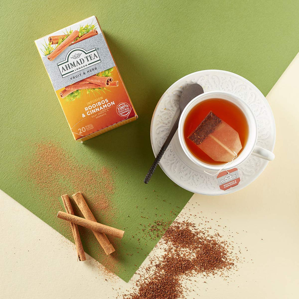 Ahmad Tea Rooibos Cinnamon iced tea served refreshingly cool.