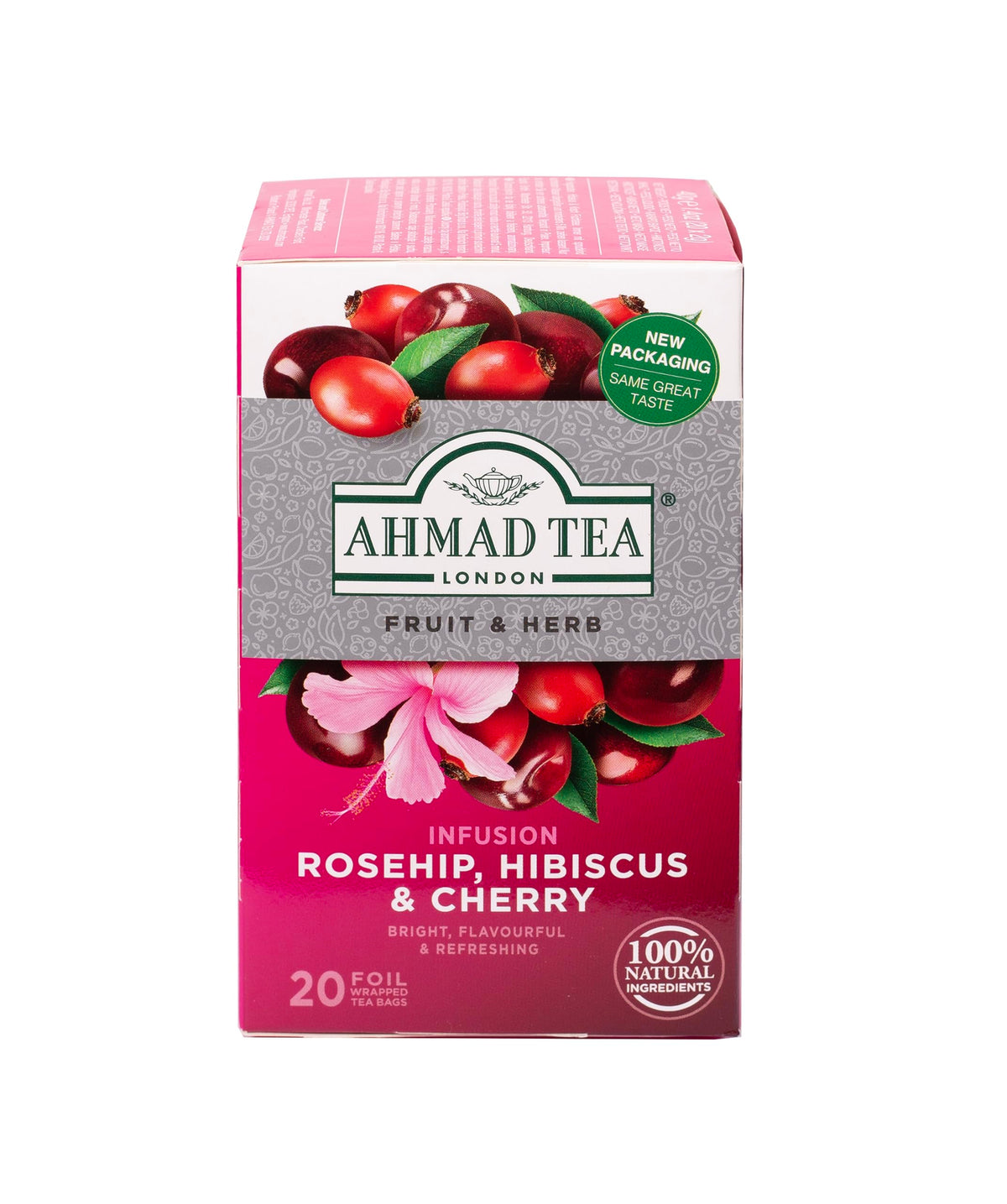 Ahmad Tea Rosehip Hibiscus Cherry tea bag ready to brew, naturally decaffeinated for a refreshing caffeine-free sip.