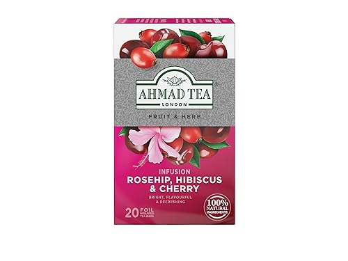 Ahmad Tea steeping setup showing rosehip hibiscus cherry infusion, naturally fragrant.