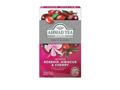 Ahmad Tea steeping setup showing rosehip hibiscus cherry infusion, naturally fragrant.