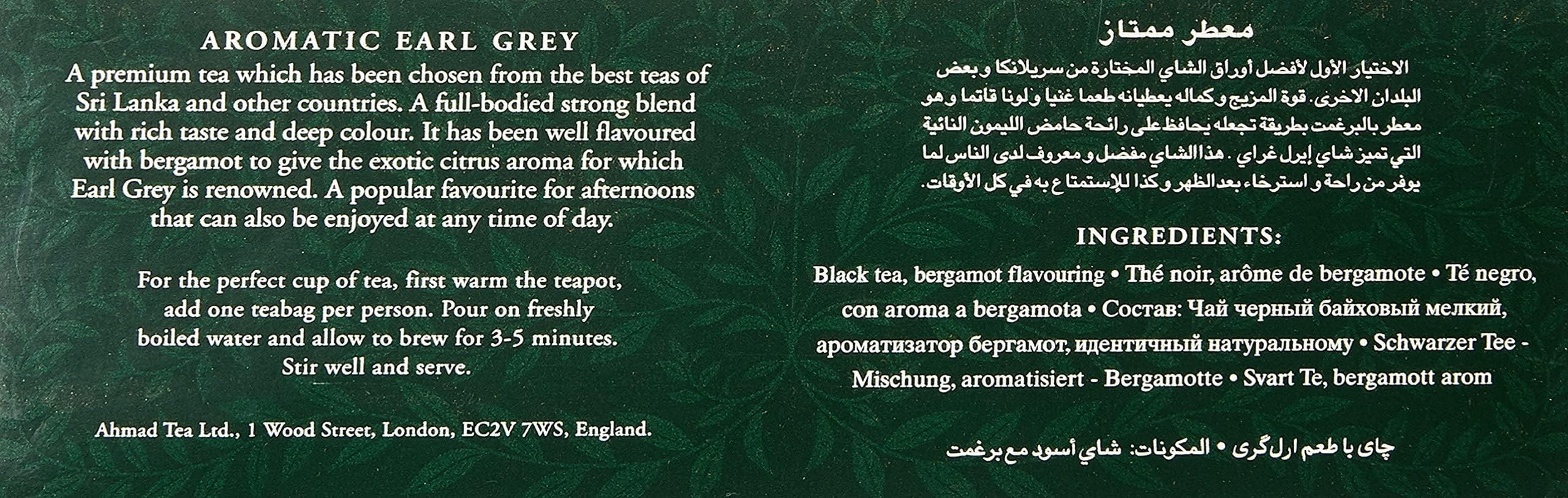 Ahmad Tea steeping tea bag releases citrusy bergamot notes during infusion.