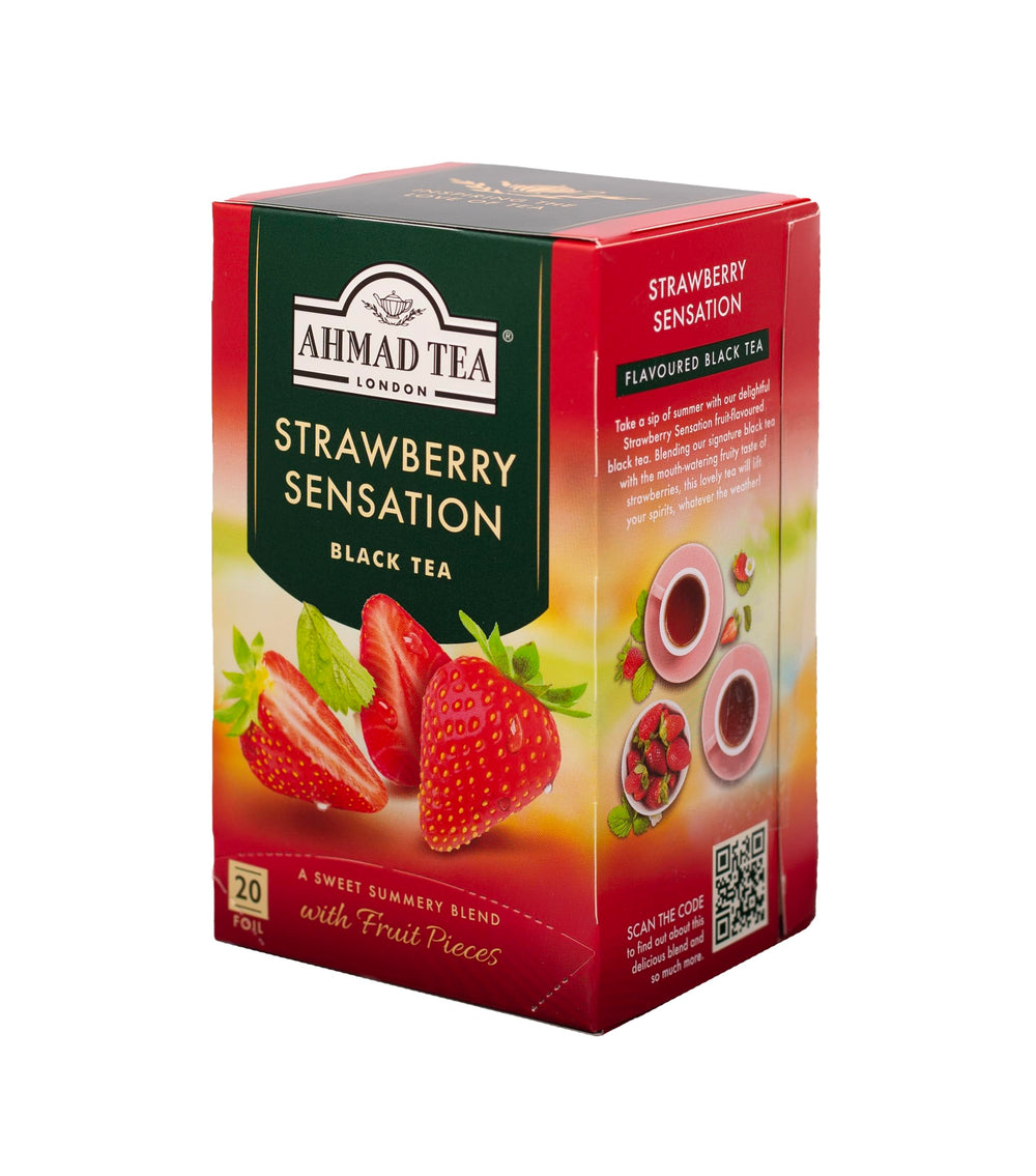 Strawberry flavoring and tea leaves blend in Ahmad Tea Strawberry Sensation