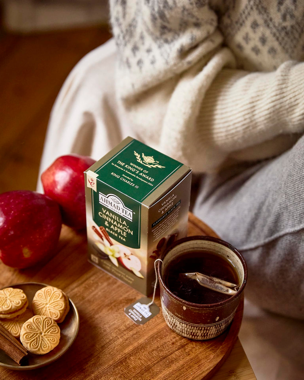 Ahmad Tea Vanilla Cinnamon Apple tea cup ready for a comforting brew.