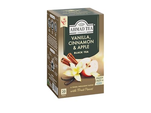 Ahmad Tea Vanilla Cinnamon Apple teabags in individual sachets preserve flavor and freshness.