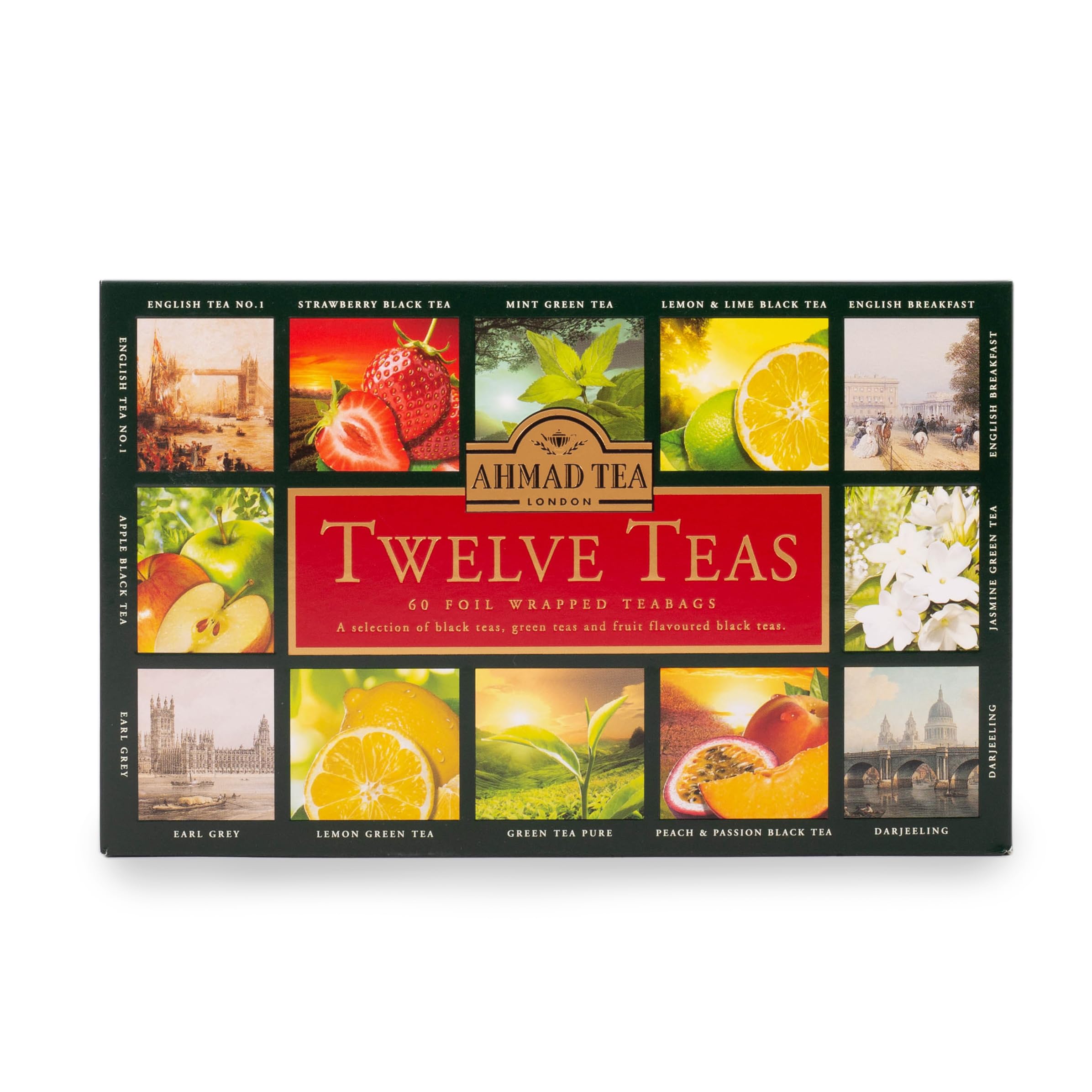 Ahmad Tea Variety Gift Box front view with 60 sachets for quick tea moments.