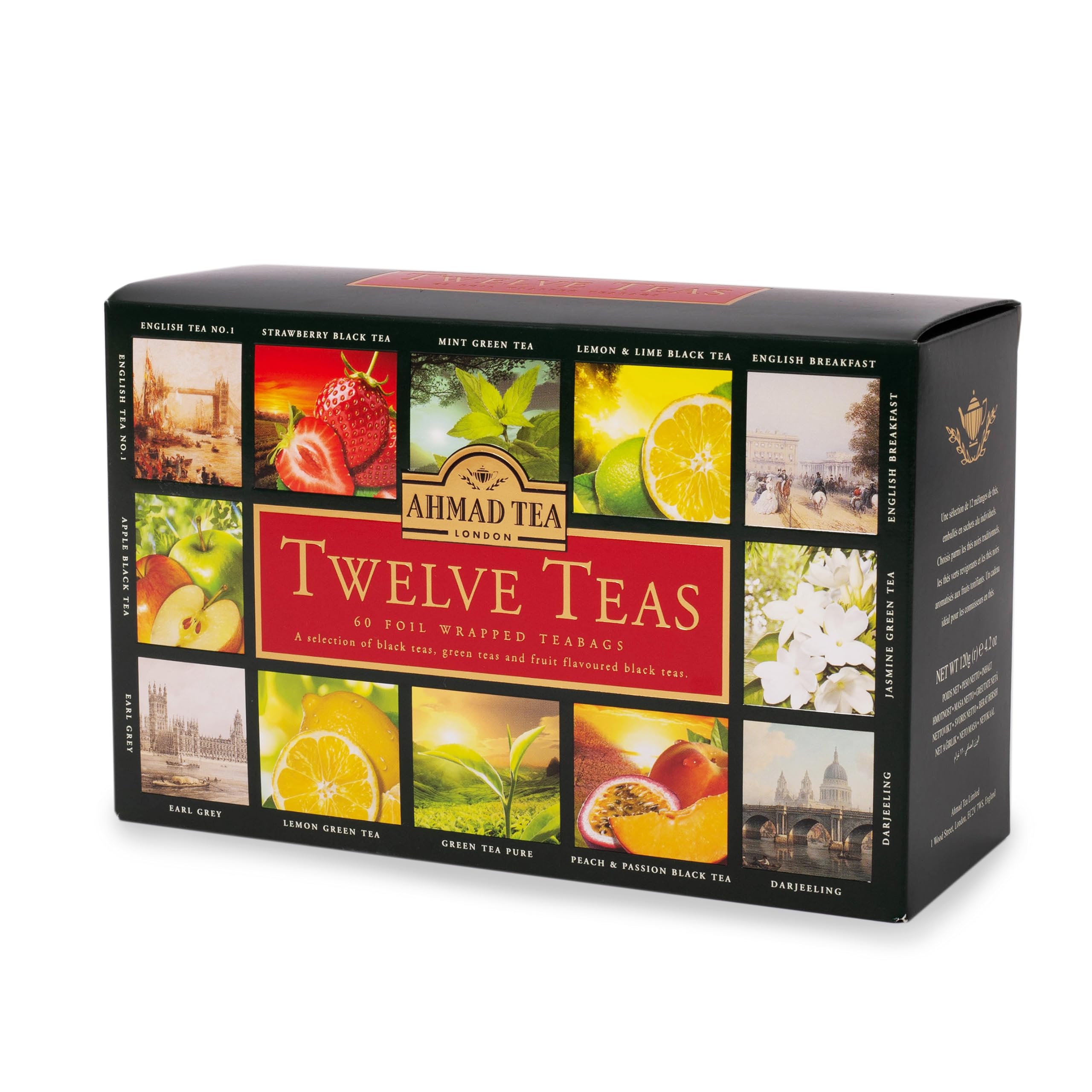 Ahmad Tea gift box displays twelve flavors for everyday tasting.