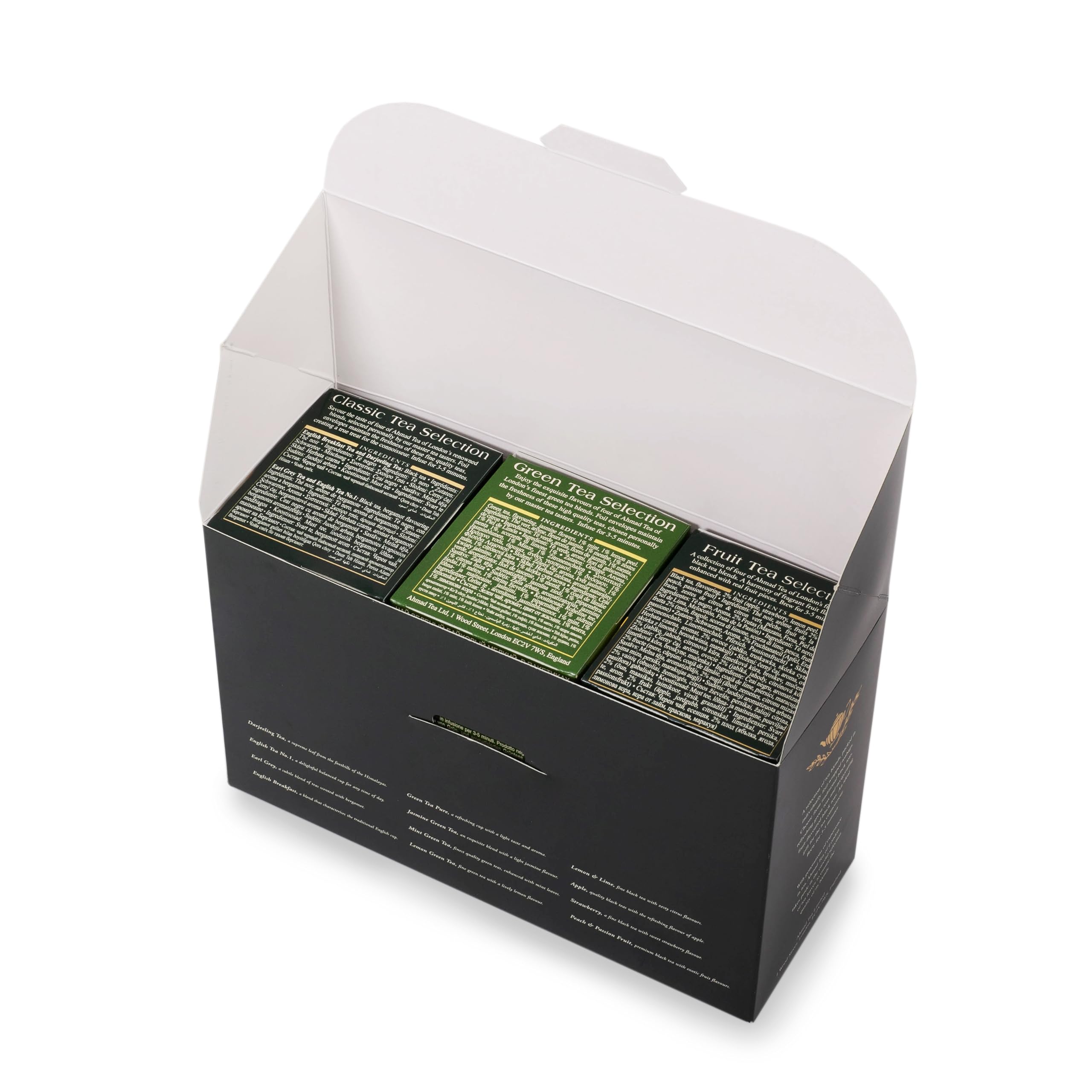 Ahmad Tea gift box showcases twelve flavors for versatile tasting sessions.