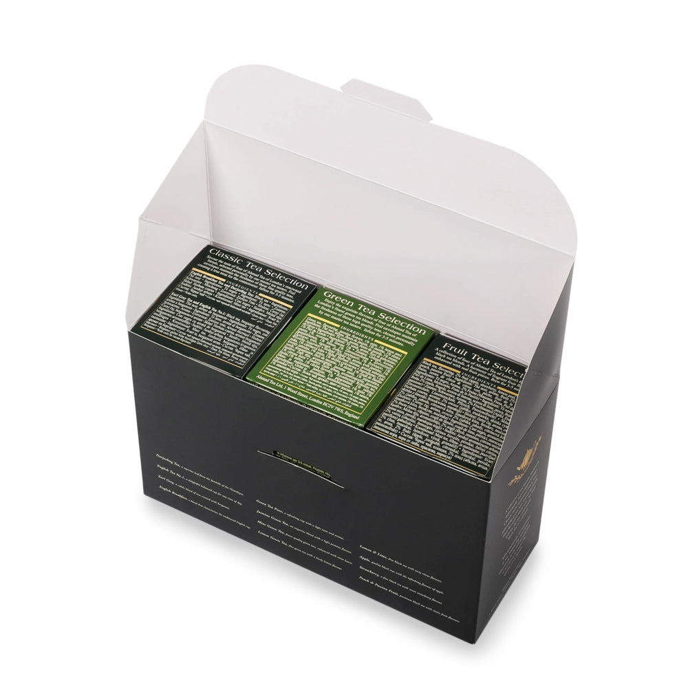 Ahmad Tea gift box showcases twelve flavors for versatile tasting sessions.