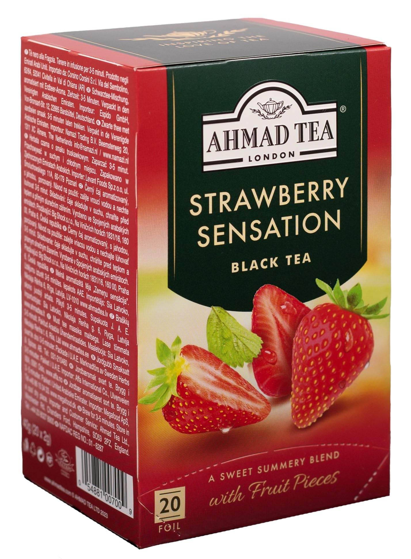Front of Ahmad Tea packaging showing box and branding