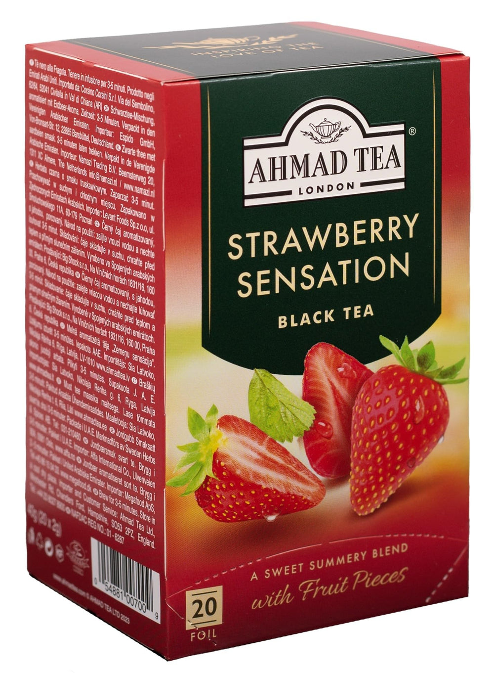 Front of Ahmad Tea packaging showing box and branding