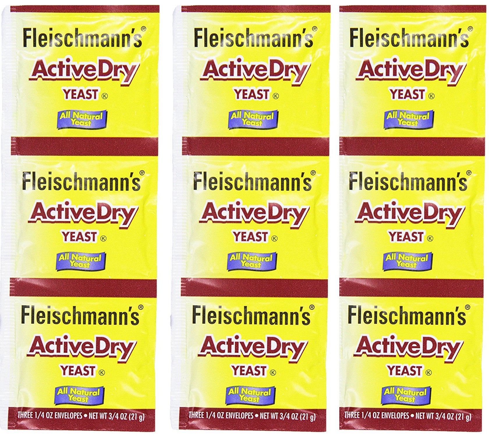 AHYGZWZSYC Fleischmann's Active Dry Yeast packaging on shelf for reliable baking.