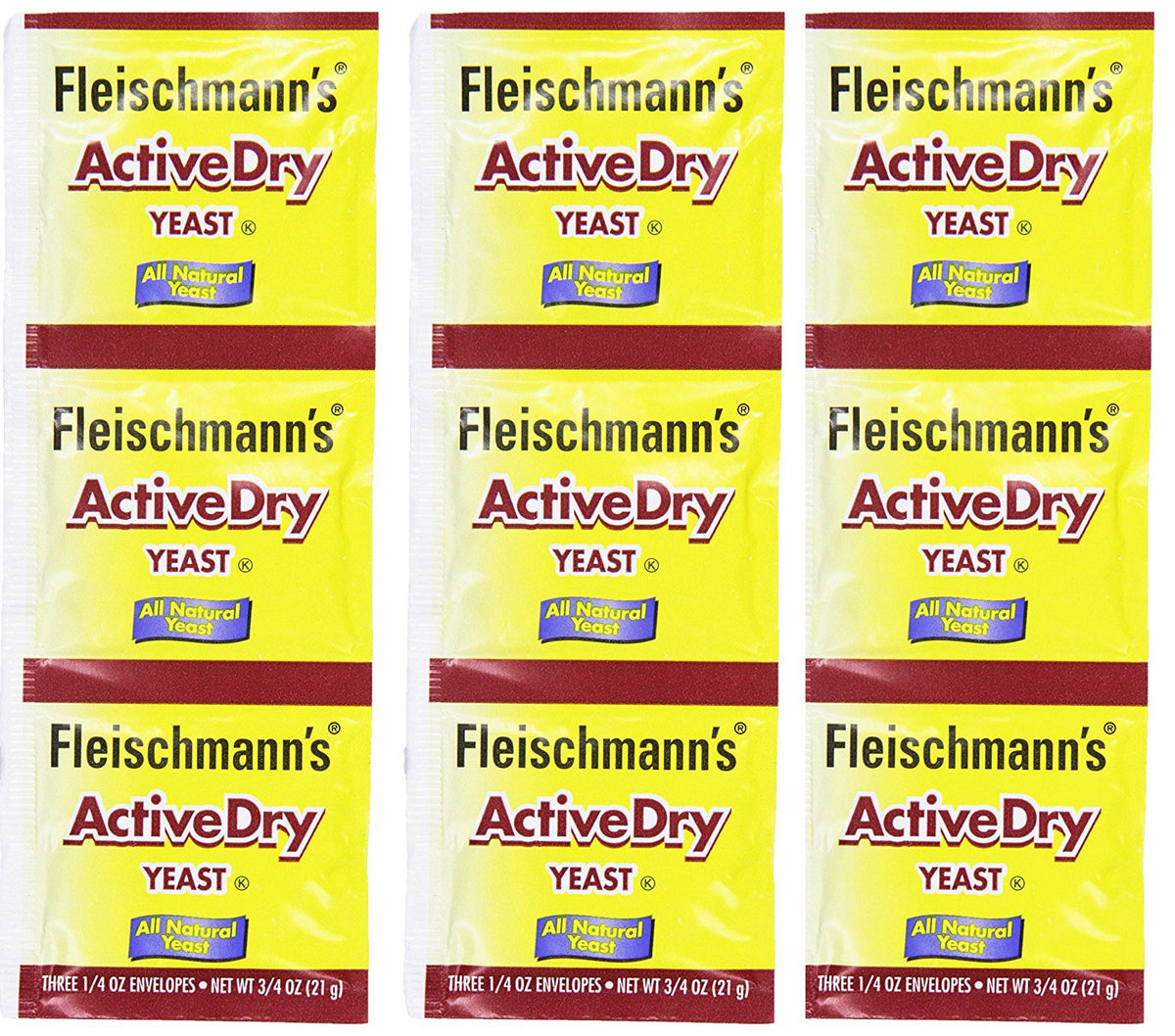 AHYGZWZSYC Fleischmann's Active Dry Yeast packaging on shelf for reliable baking.