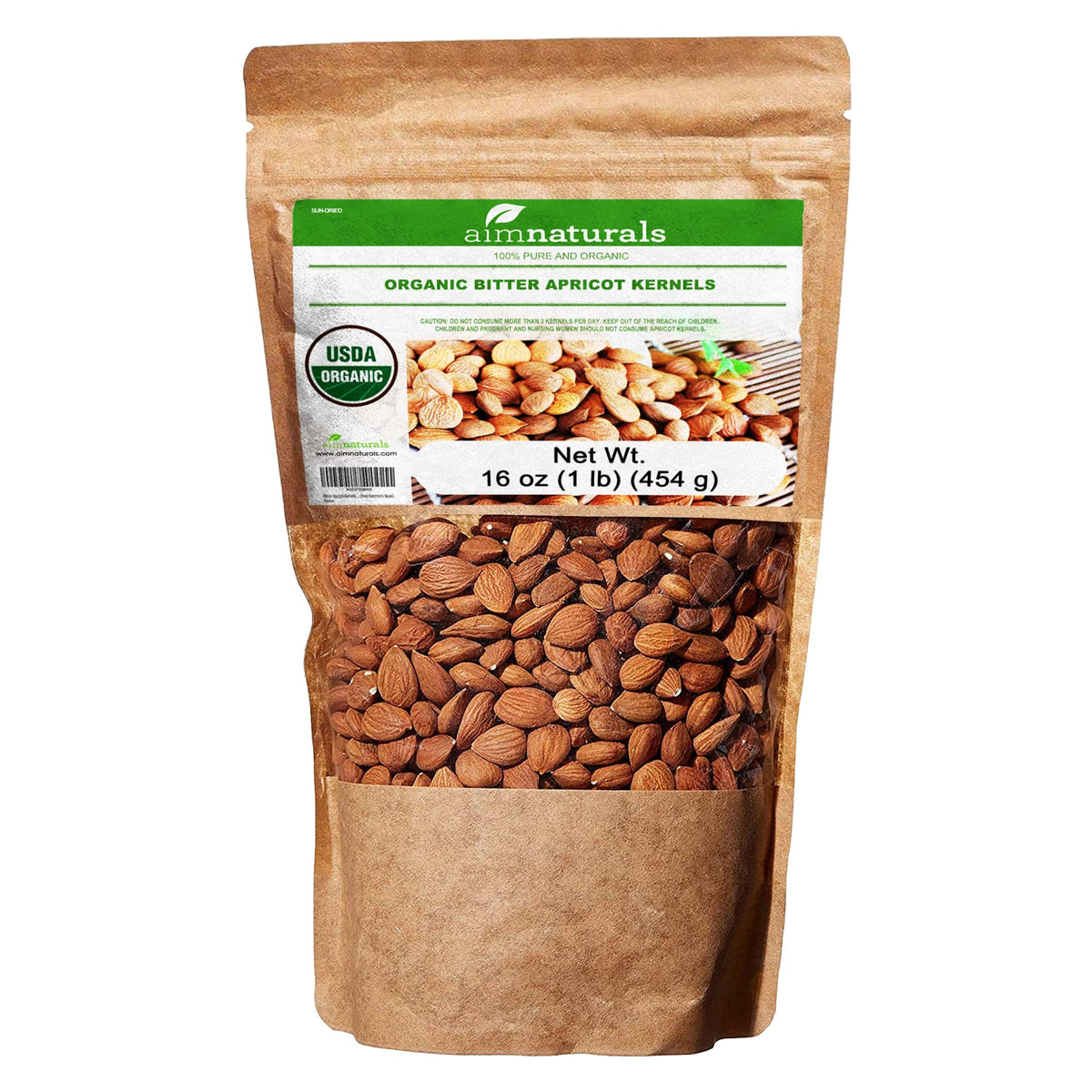 Aim Naturals Bitter Apricot Kernels bag front shown for organic pantry use.