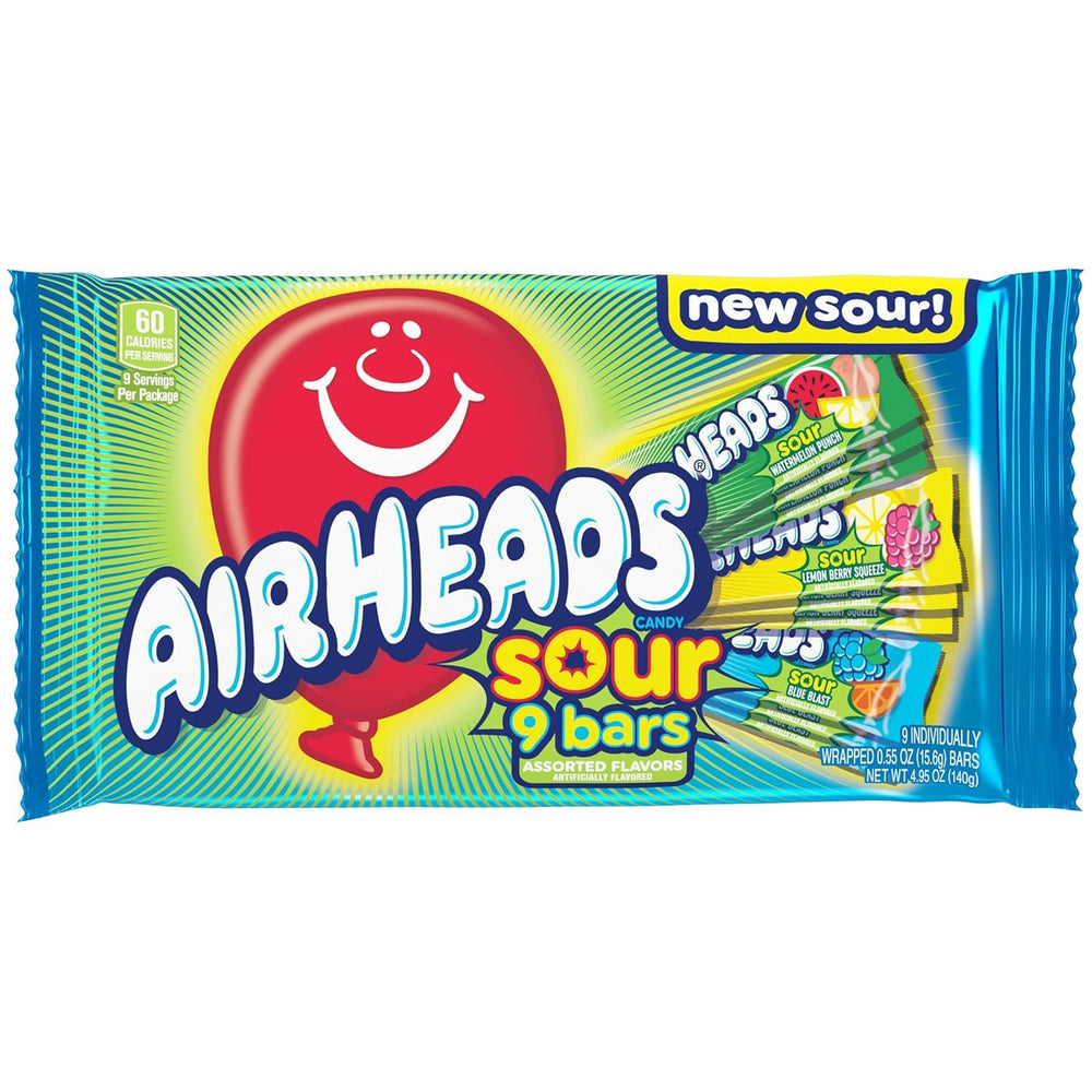 Airheads 9-bar movie theater box packaging, convenient snack for gatherings