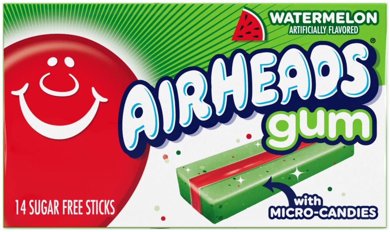 Airheads sugar-free gum 12-pack box on shelf, ideal party favors.