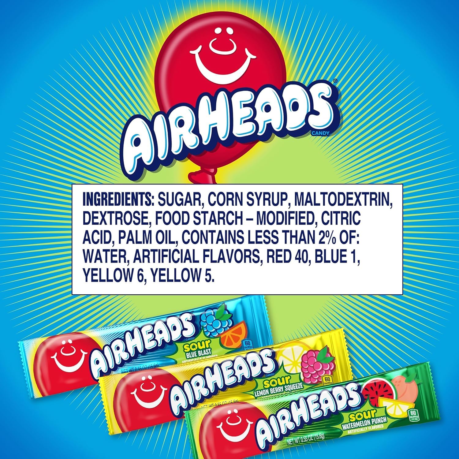 Airheads Mini Sour Blue Blast bar, bold flavor for snack time