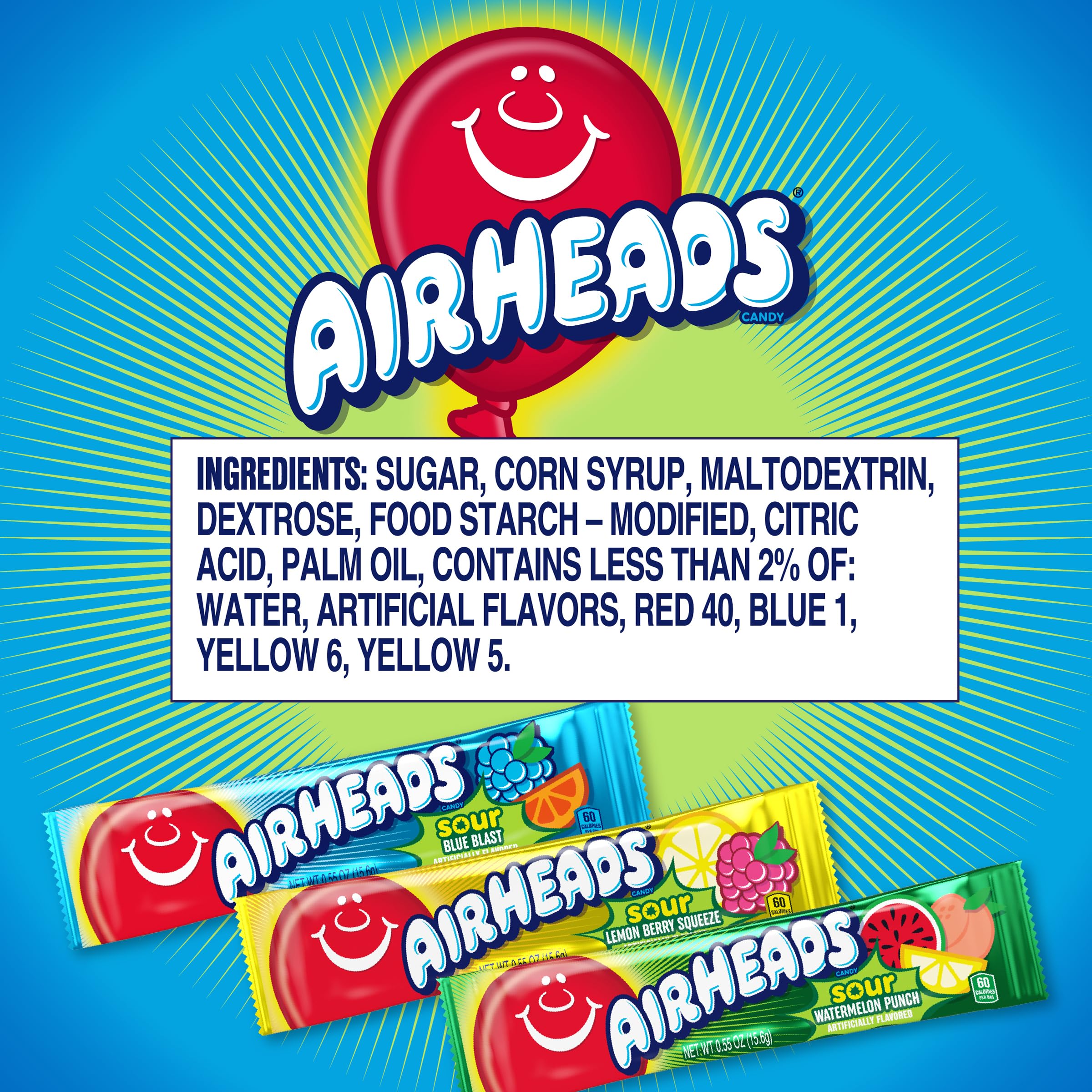 Airheads Sour Blue Blast bar, bright blue chew great for sharing