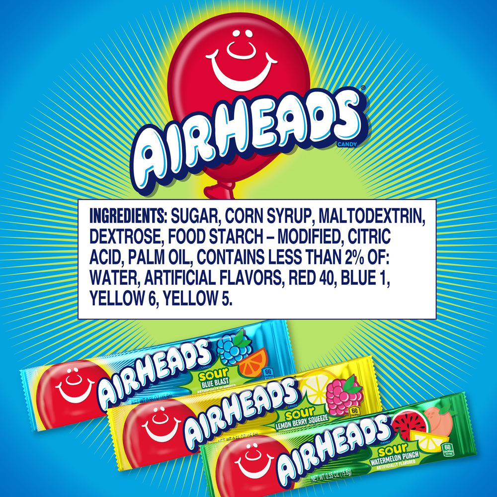 Airheads Sour Blue Blast bar, bright blue chew great for sharing