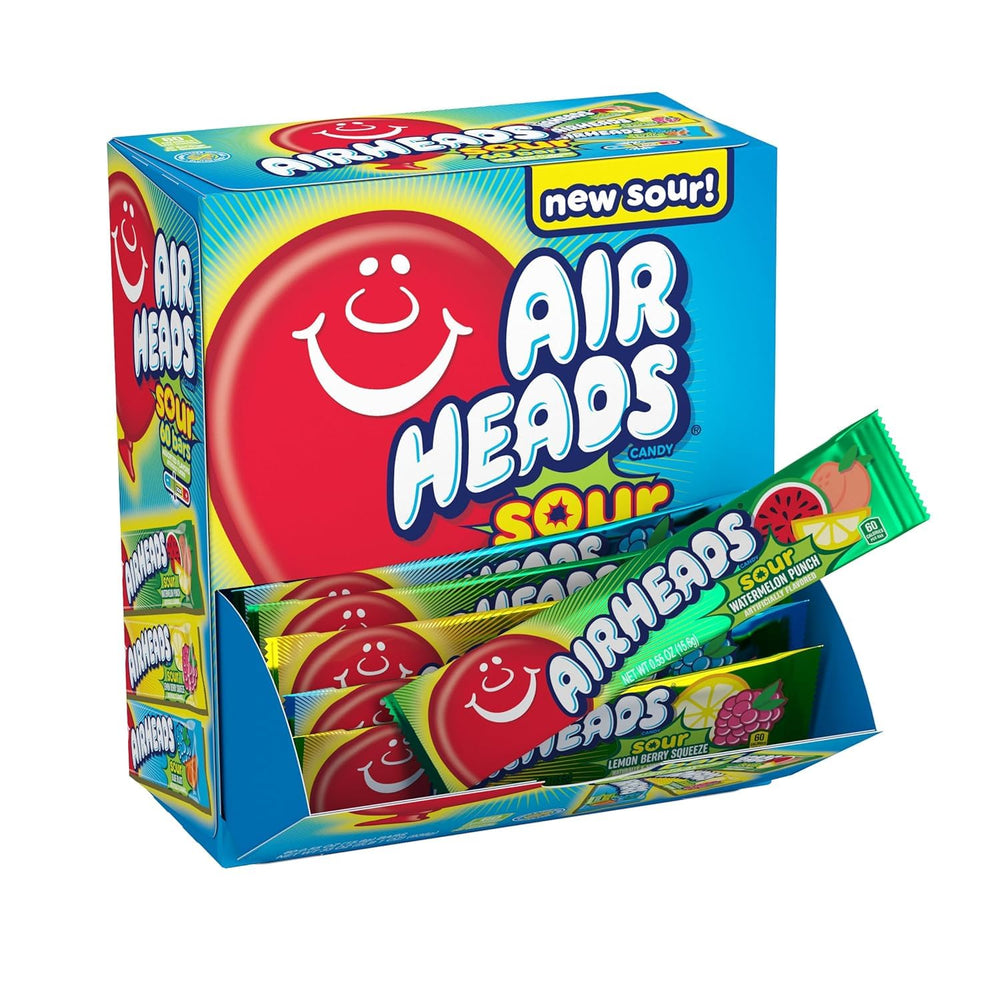 Airheads Sour Full-Size Bars blue blast pack for sharing on road trips or parties.