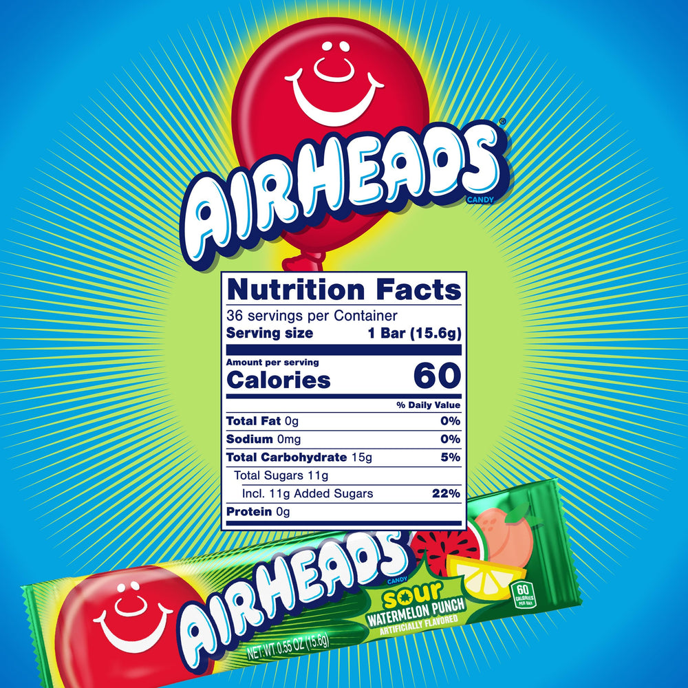 Airheads Sour Watermelon Punch bars individually wrapped for easy sharing and travel.