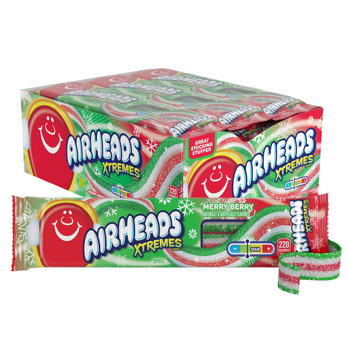 Airheads Xtremes Belts Merry Berry belt close-up, tangy chewy texture for snacking