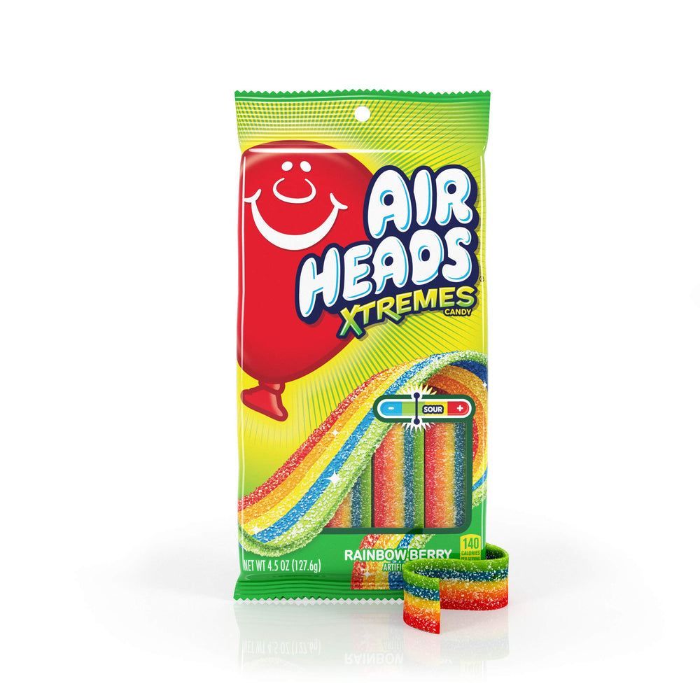 Unwrapped Airheads Xtremes Belt reveals stretchable Rainbow Berry flavor.