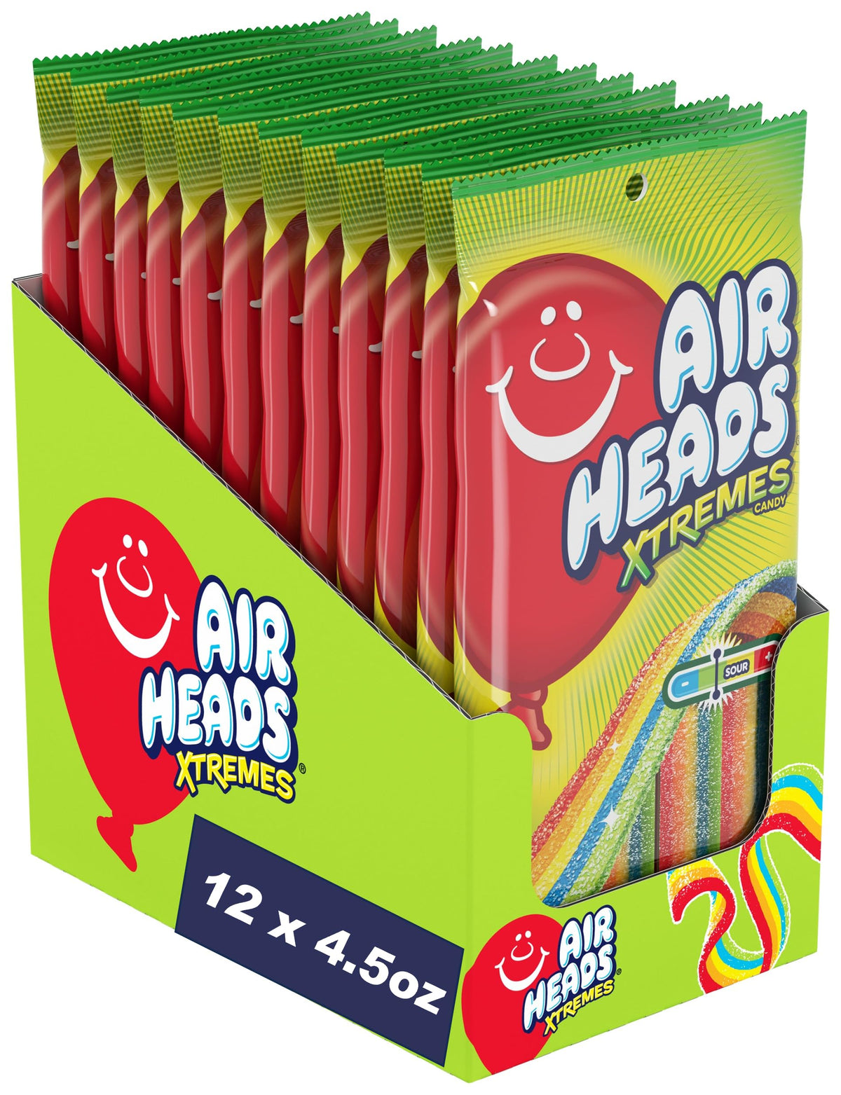 Airheads Xtremes Belts Rainbow Berry packaging shows tangy candy for sharing.