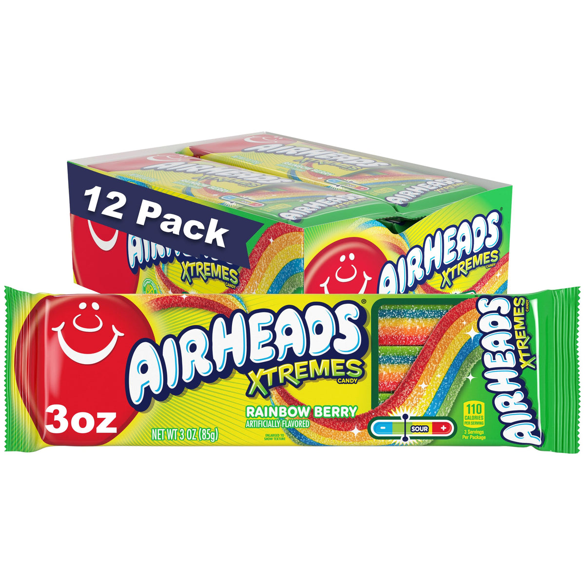 Airheads Xtremes Belts Rainbow Berry close-up highlighting chewy texture for snacking