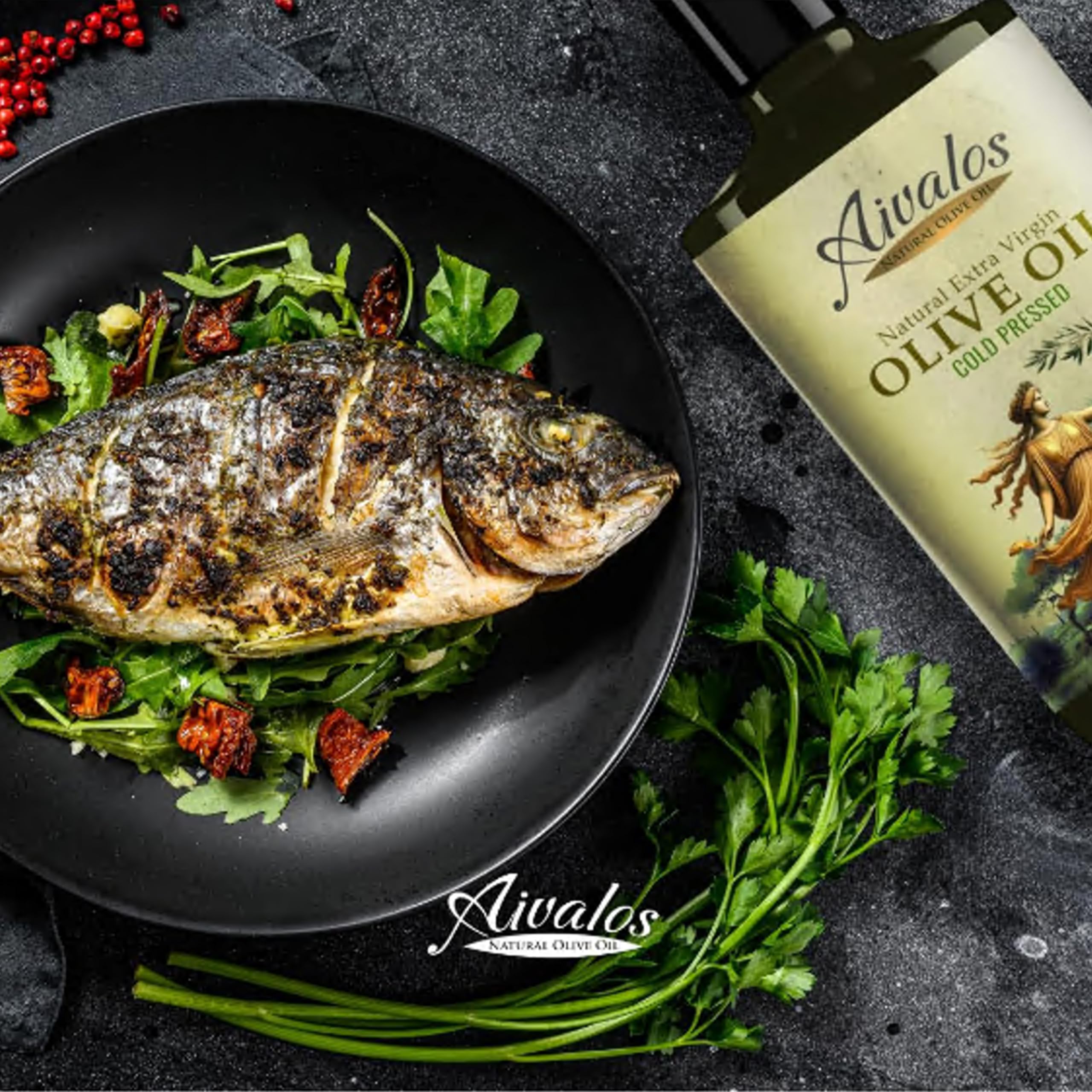AIVALOS EVOO bread-dipping plate scene emphasizes versatility