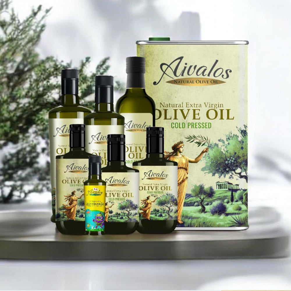 AIVALOS Premium EVOO table drizzle highlights premium quality