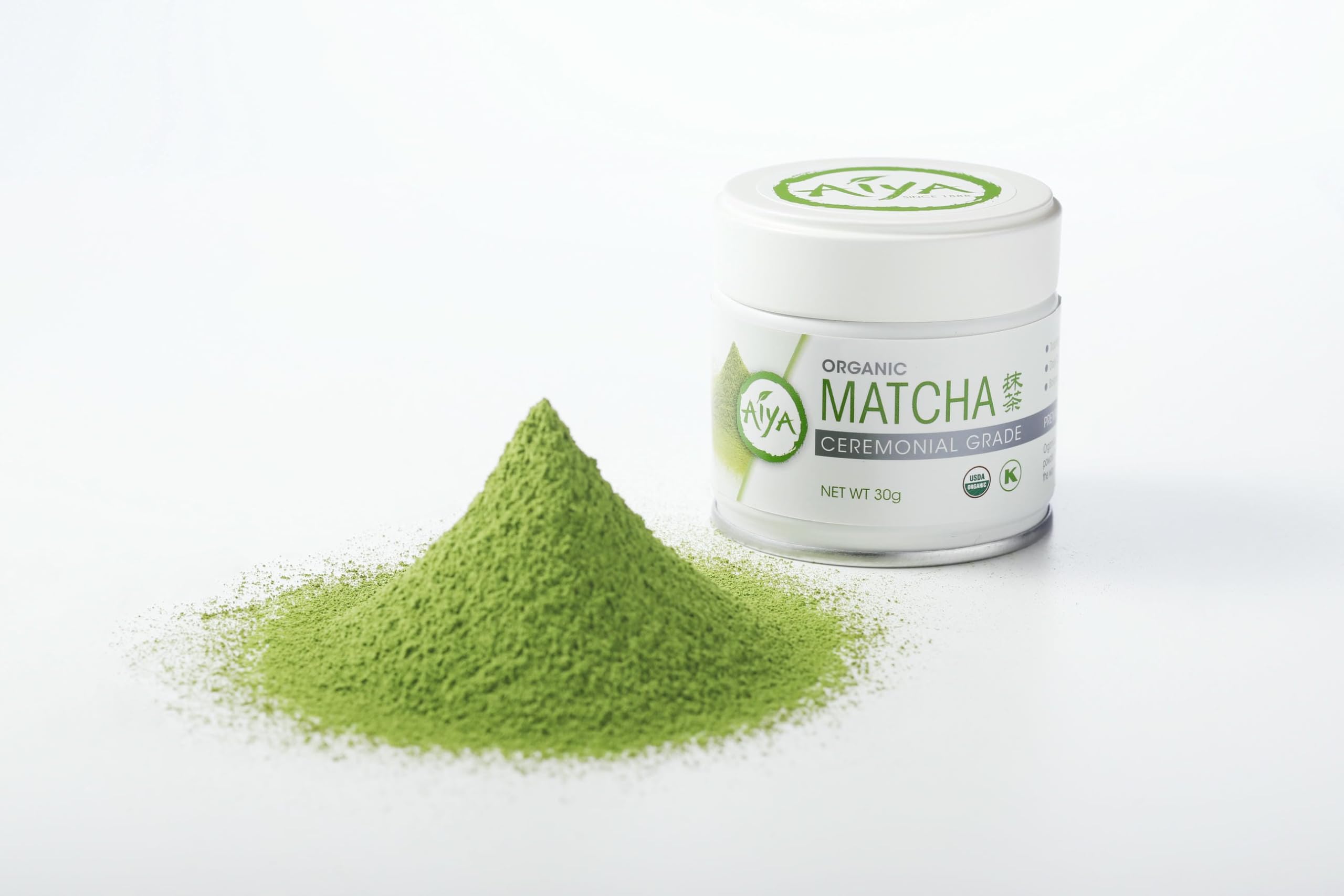 AIYA ceremonial grade matcha jar showing vibrant jade green color
