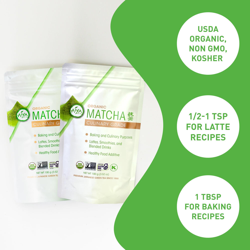 AIYA culinary grade matcha powder pack, a versatile kitchen staple.