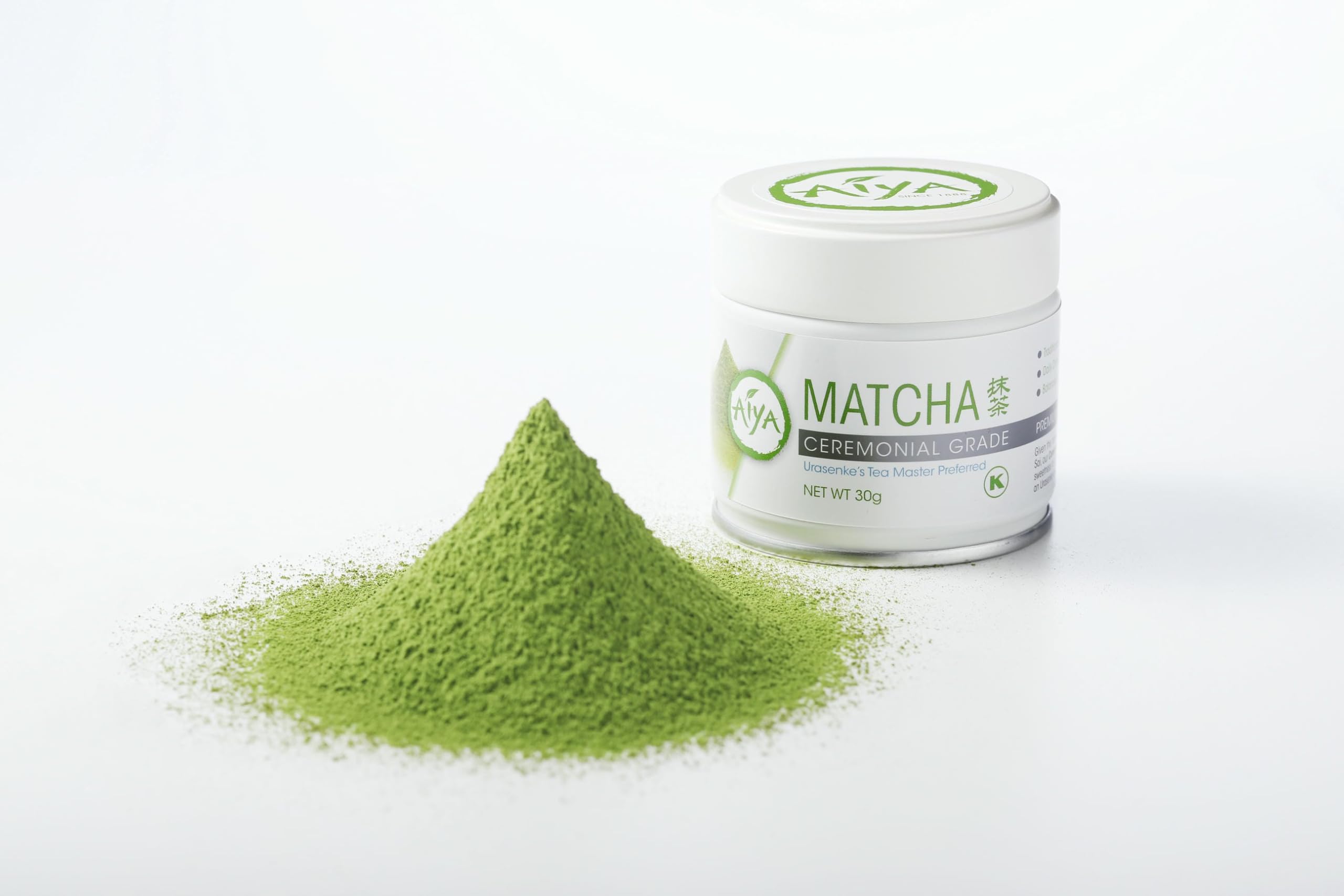 Aiya vibrant jade green powder ideal for whisking into traditional tea.