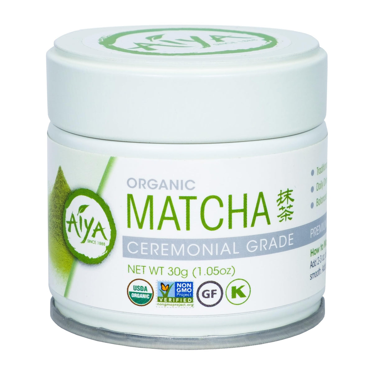 AIYA ceremonial grade matcha powder in a 30g tin ready for whisking