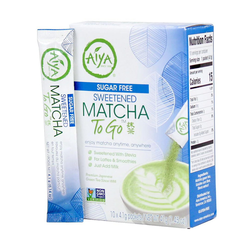 AIYA Sugar-Free Matcha To Go packaging showing convenient single-serve sticks