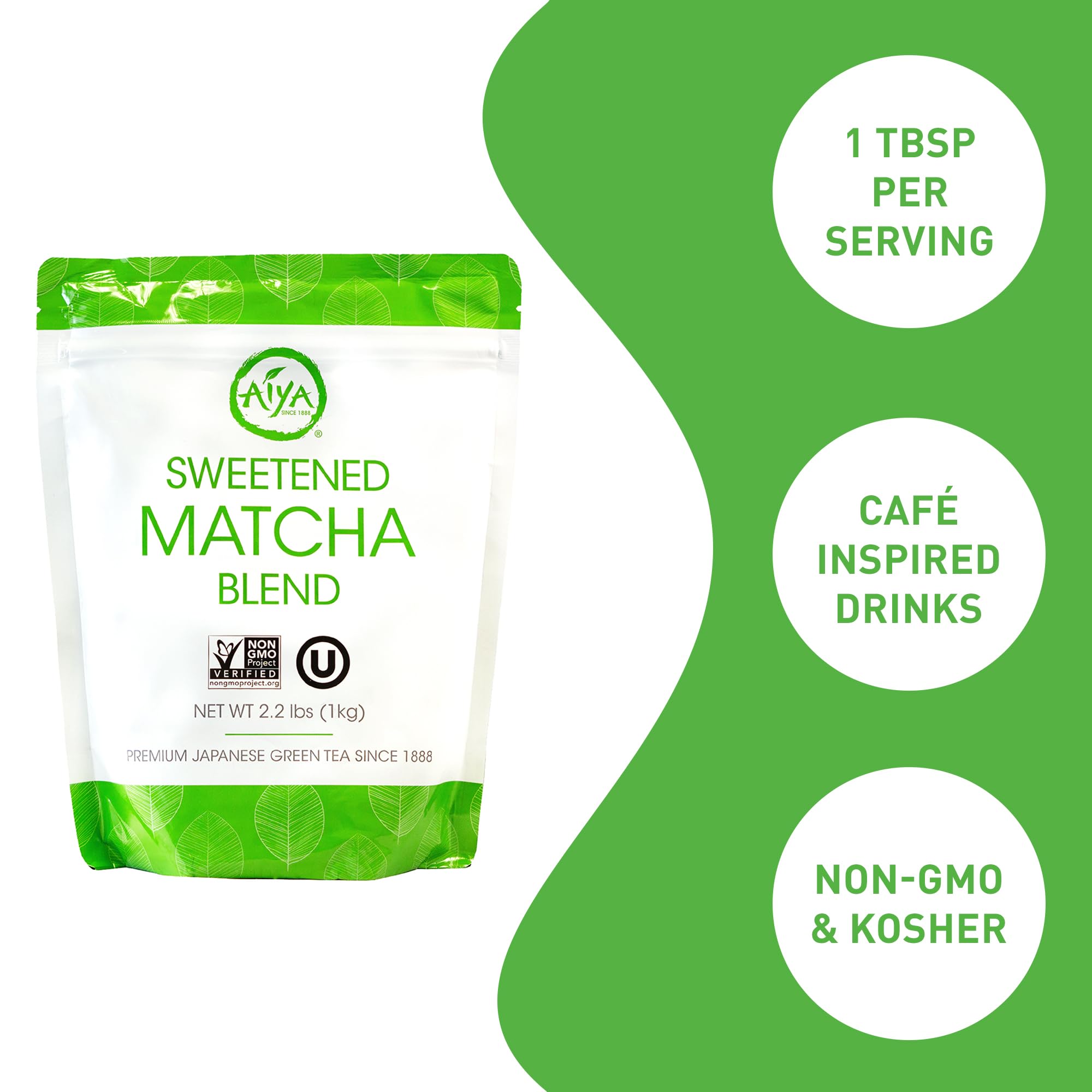 AIYA Sweetened Matcha Blend latte cup showcasing a creamy home drink