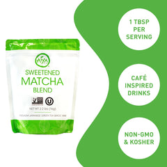 AIYA Sweetened Matcha Blend latte cup showcasing a creamy home drink