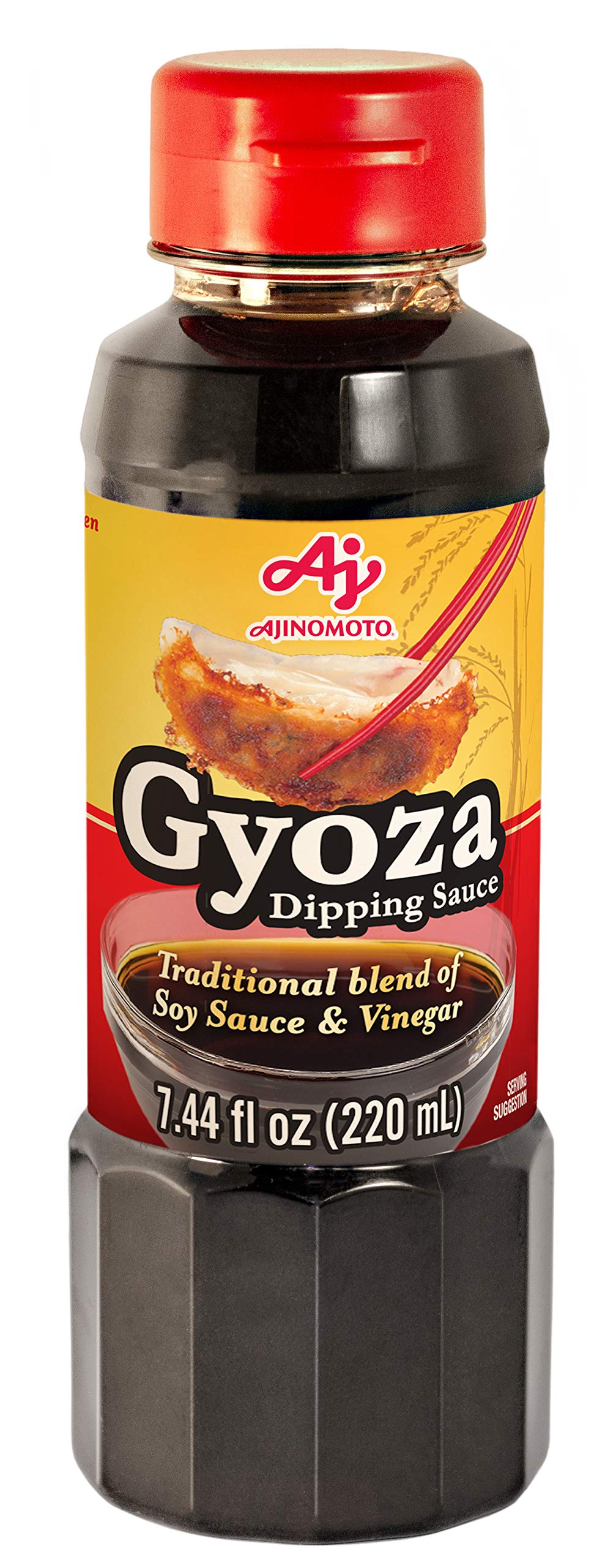 Ajinomoto Gyoza Dipping Sauce bottle close-up, balanced soy-vinegar flavor.