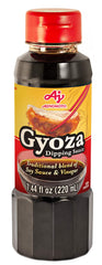 Ajinomoto Gyoza Dipping Sauce bottle close-up, balanced soy-vinegar flavor.