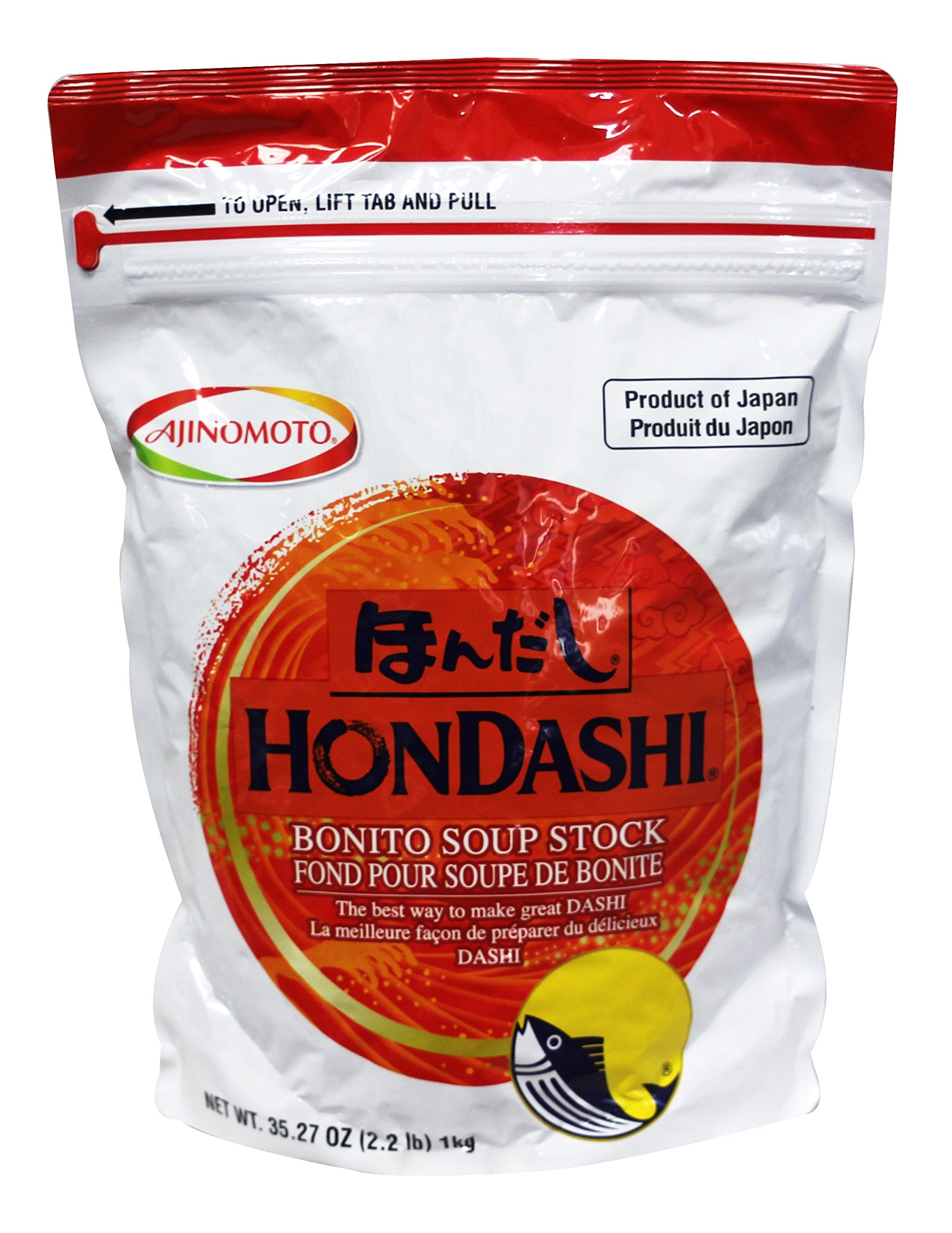 Ajinomoto Hondashi bonito soup stock packaging demonstrates easy resealability for pantry use.